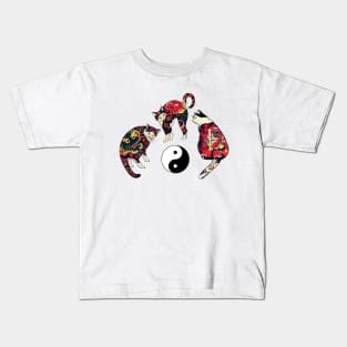 THREE JAPANESE CATS WITH  DRAGON,RED DEVIL TATTOOS AND YIN YANG SYMBOL Kids T-Shirt